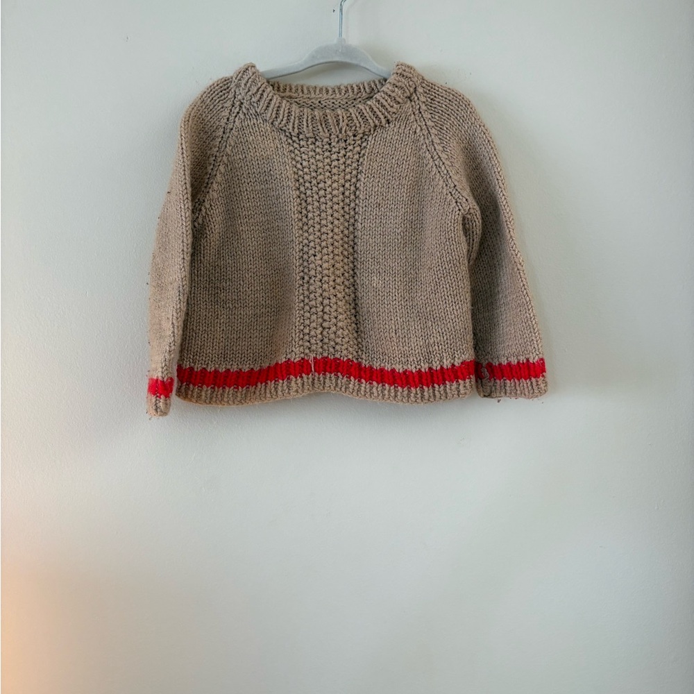 Vintage Home made knit Cozy Tan Sweater with Red Accents 2T
